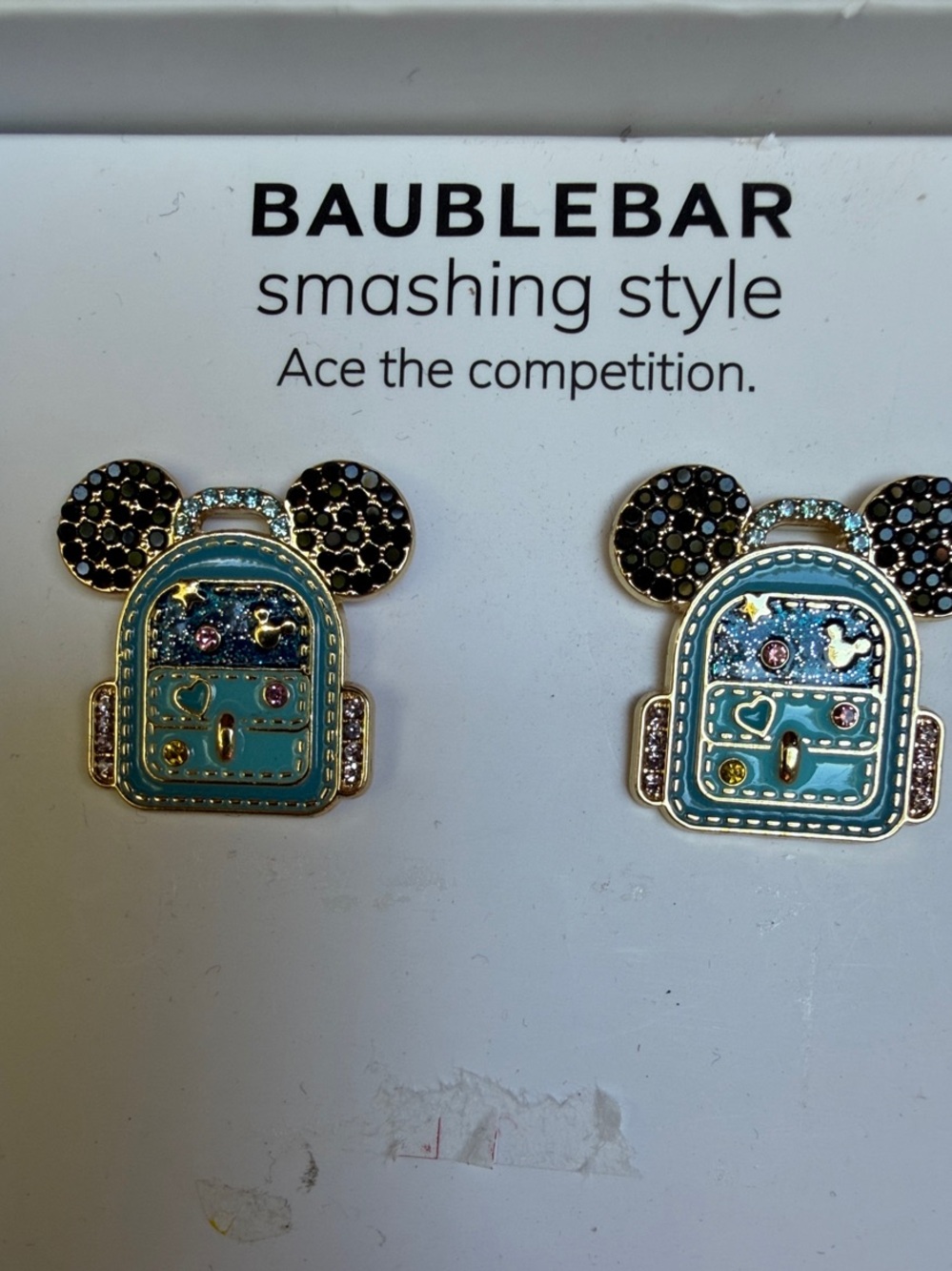 BaubleBar Kids Teal Enamel Mouse Backpack Stud Earrings with Black Crystal Ears